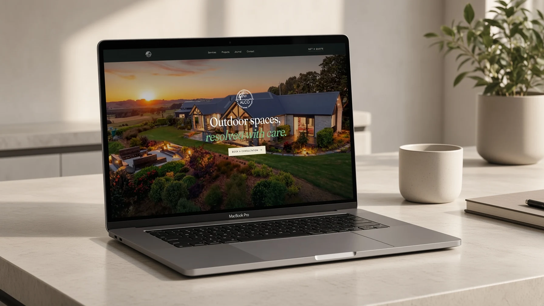 ALCO Landscaping homepage displayed on a laptop in a bright studio