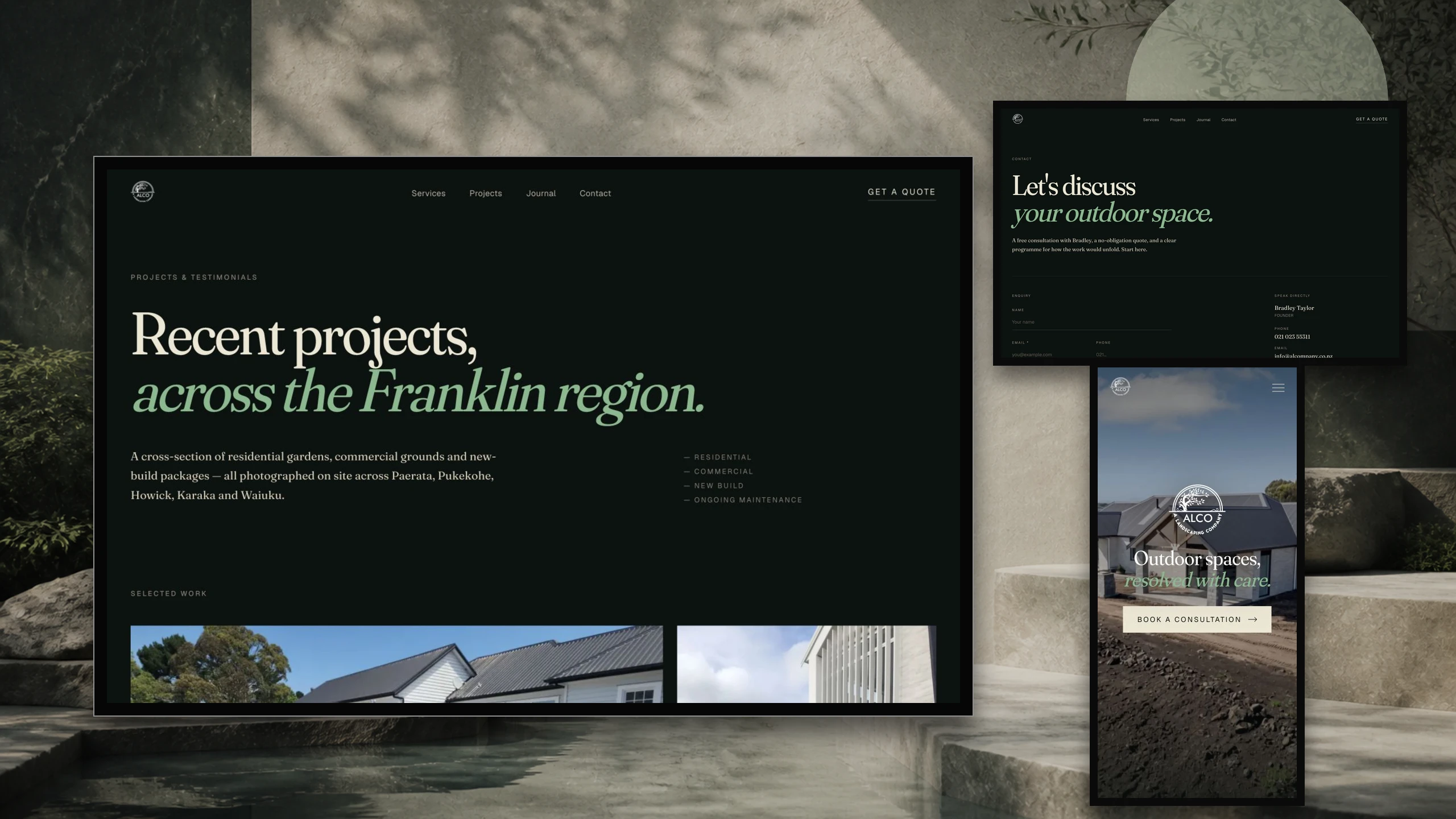 ALCO Landscaping projects displayed on a laptop in an editorial interior