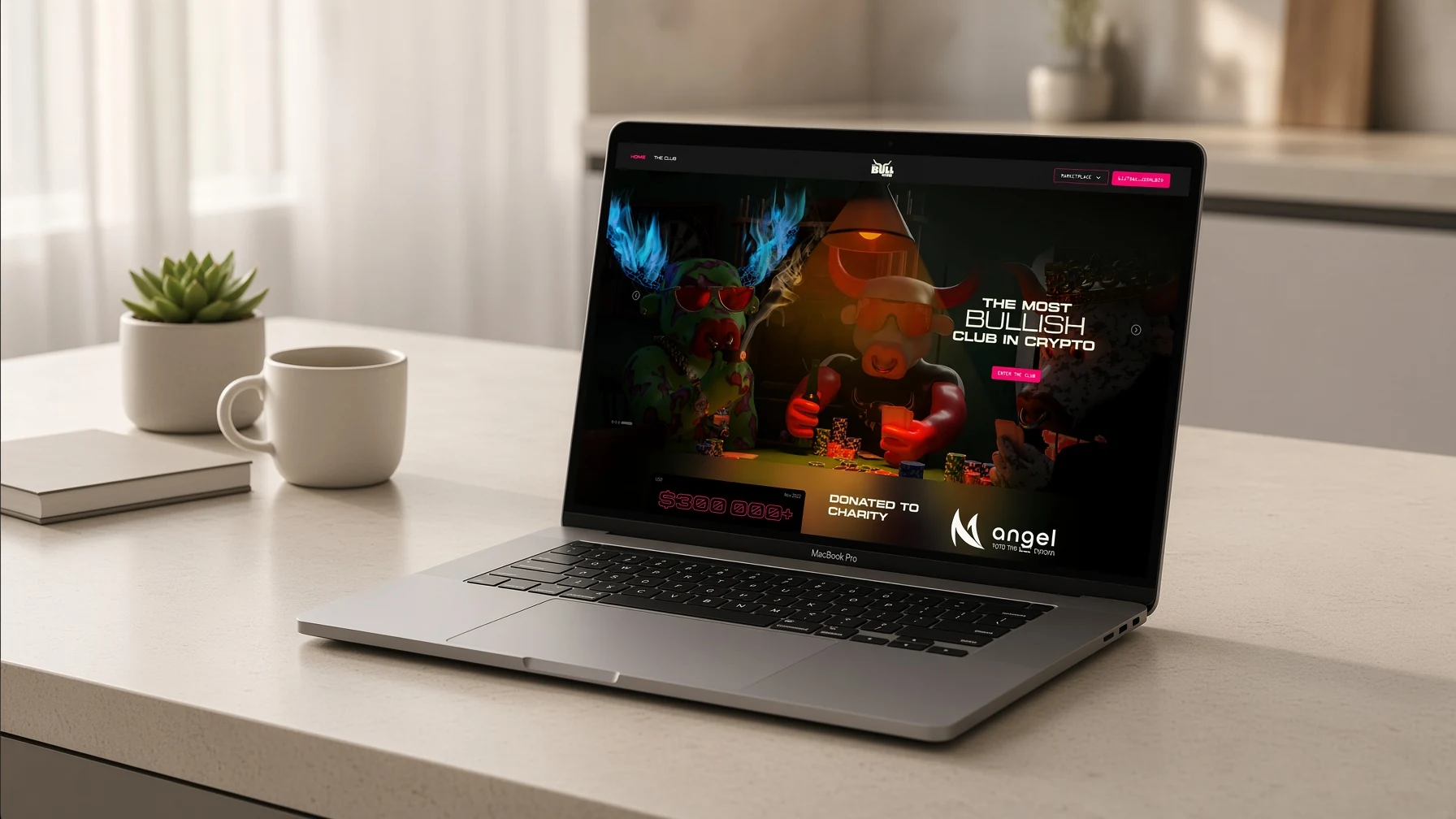 Bull Club homepage displayed on a laptop in a bright studio