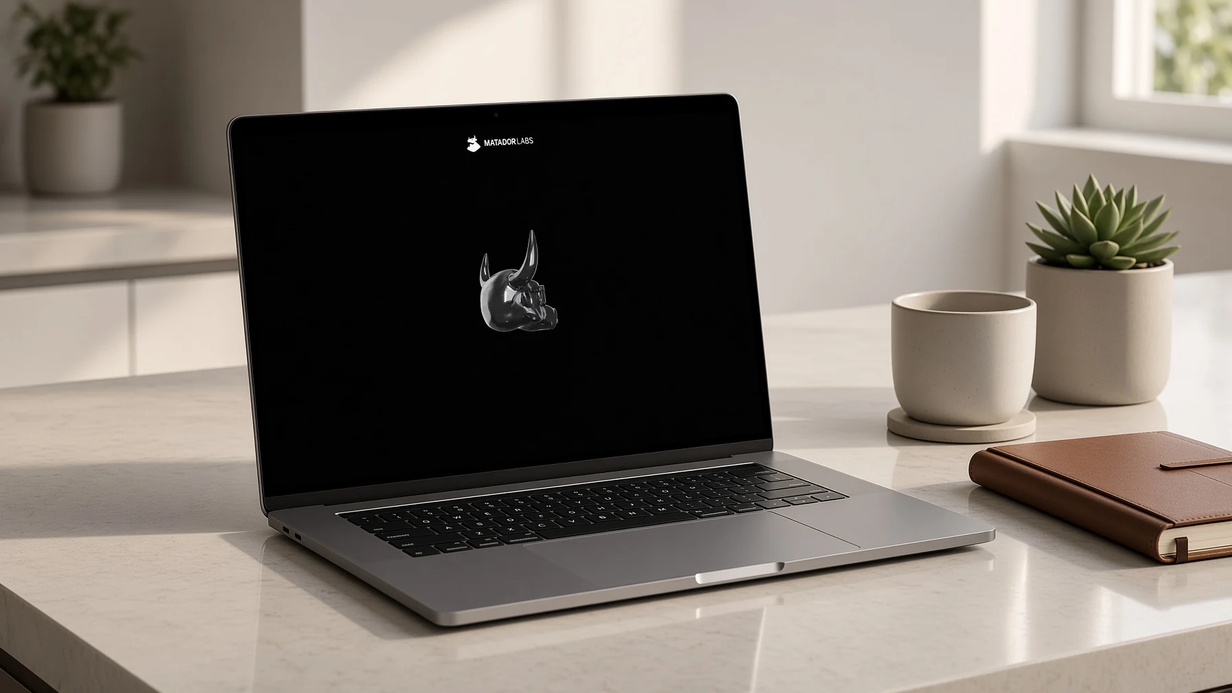 Matador Labs homepage displayed on a laptop in a bright studio