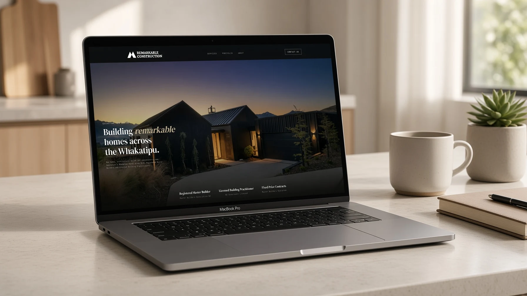 Remarkable Construction homepage displayed on a laptop in a bright studio